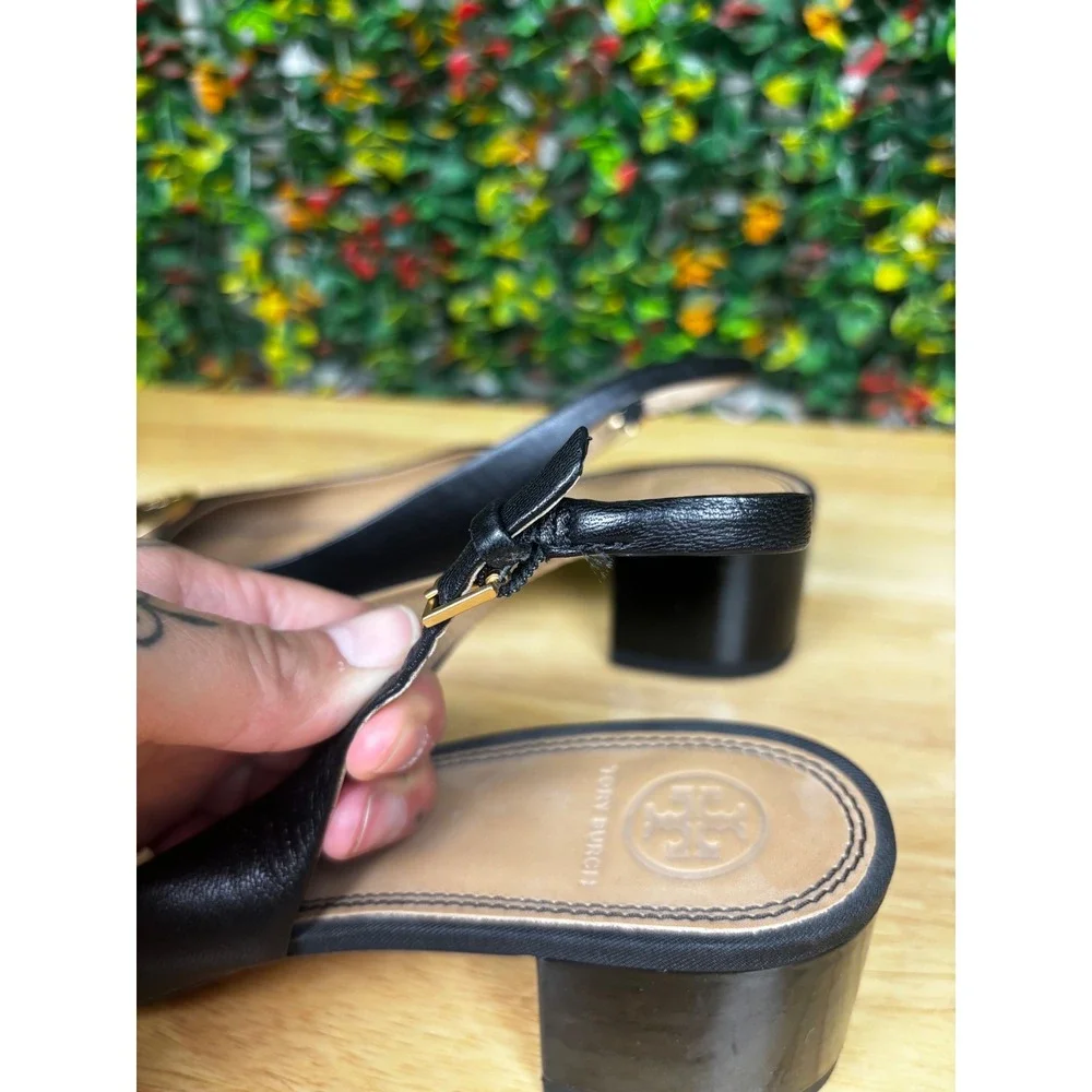 Tory Burch Chelsea Black Leather Patent Cap Toe Slingback Block Heel Pumps 9M